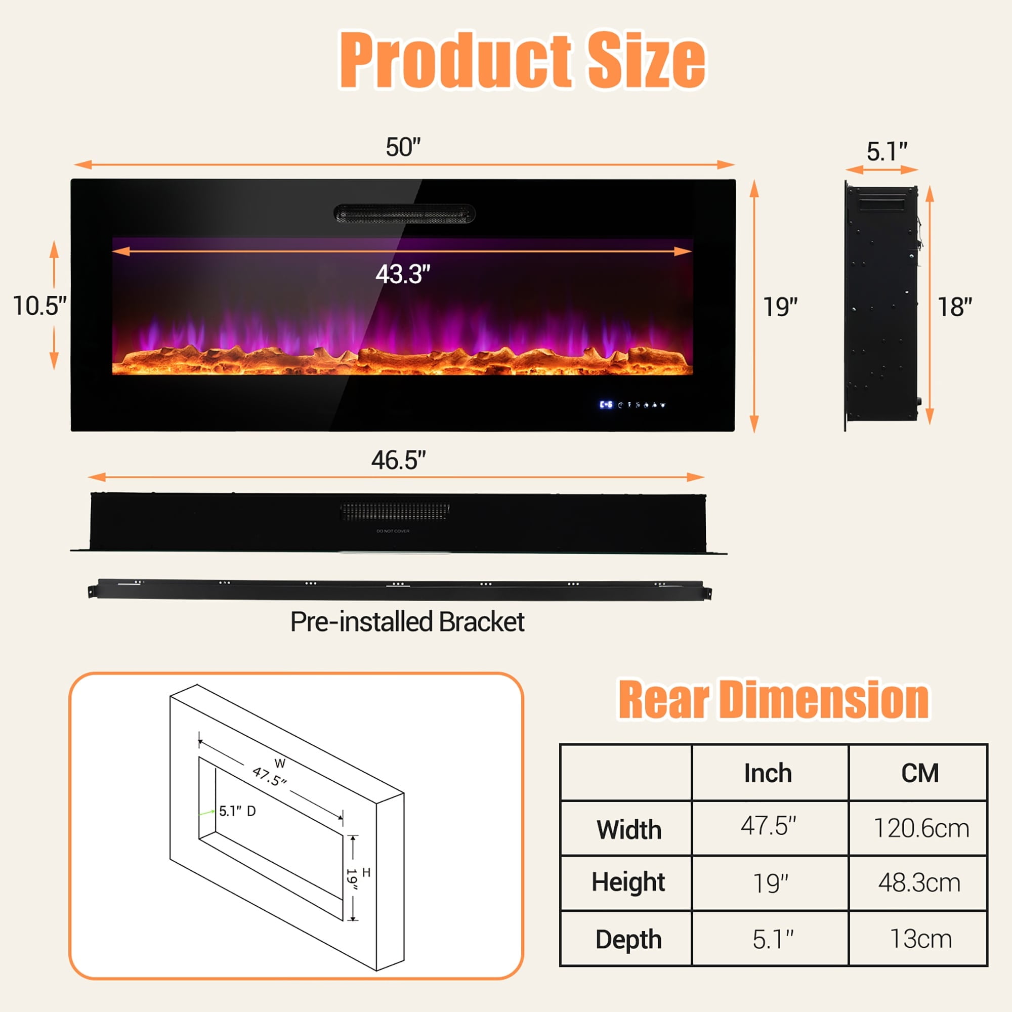 50-Inch Black Wall Mounted Electric Fireplace with Decorative Crystal and Log