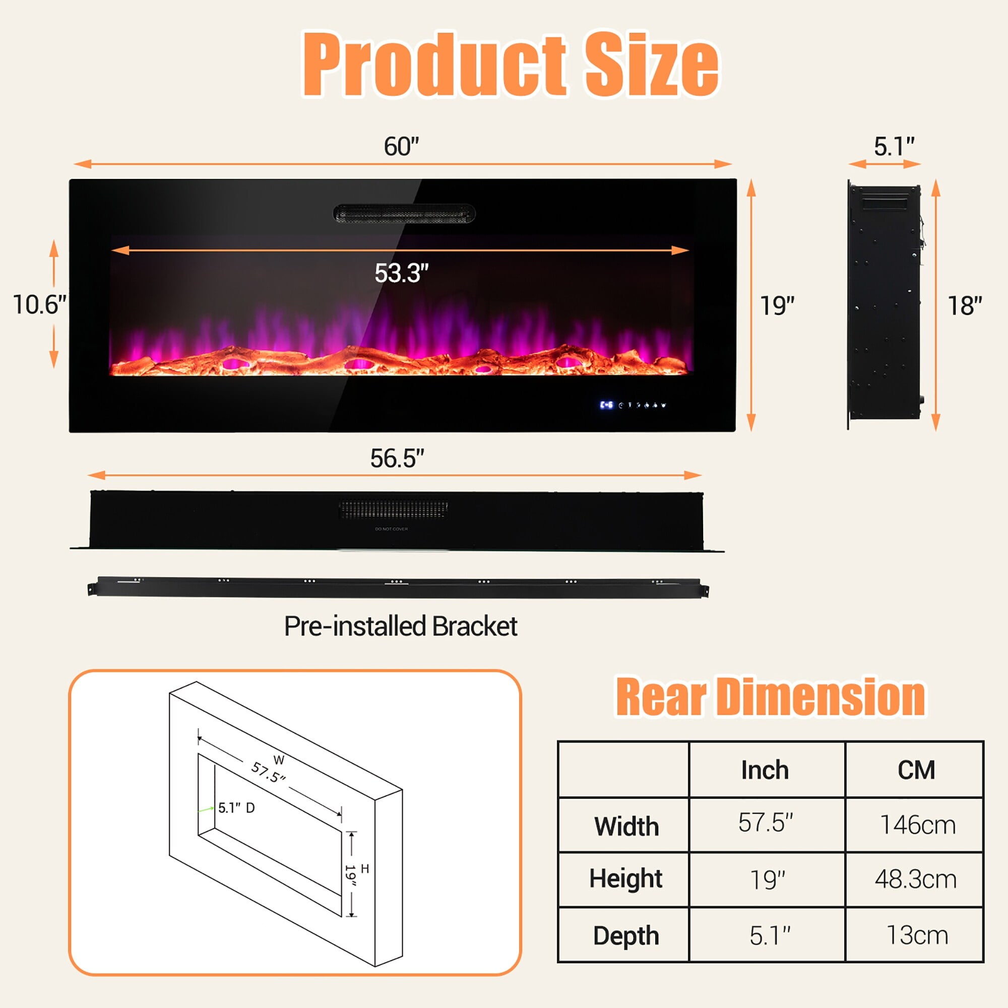 50-Inch Black Wall Mounted Electric Fireplace with Decorative Crystal and Log
