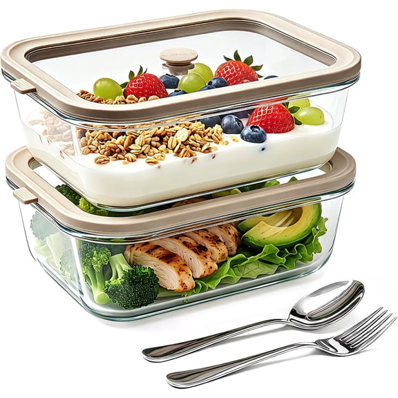 50 oz Glass Food Storage Containers with Lids, 2 Pack | Non Toxic Meal Prep Containers, Airtight Lunch for Fruits, Vegetables, Microwave, Dishwasher