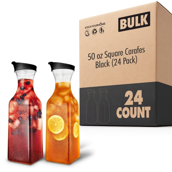 50 oz Plastic Juice Carafes with Black Lids 24 Pack Clear Drink Pitchers for Beverages and Fridge Pantry Storage Square Pitchers