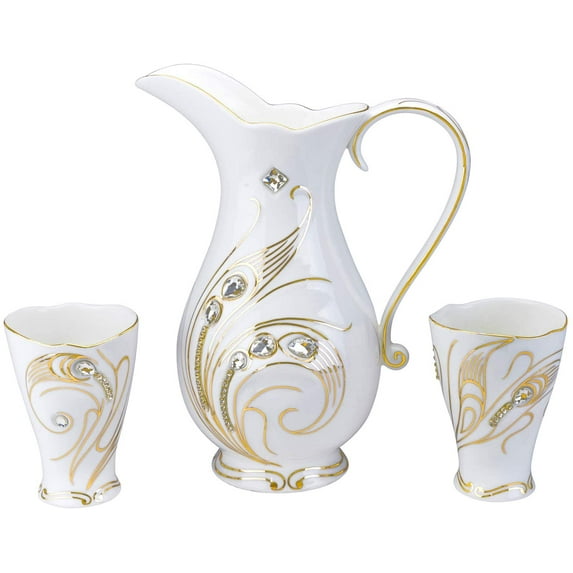 50 oz Porcelain Swarowski Jeweled Decor Jug + Two Highball 15-Ounce Porcelain Cups for Water, Milk, Juice Decorated with Crystals, Pitcher and 2 Glasses, Set of 3