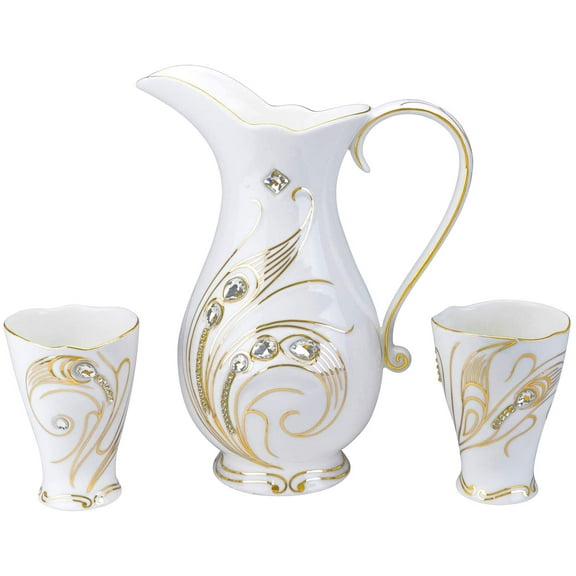 50 oz Porcelain Swarowski Jeweled Decor Jug + Two Highball 15-Ounce Porcelain Cups for Water, Milk, Juice Decorated with Crystals, Pitcher and 2 Glasses, Set of 3