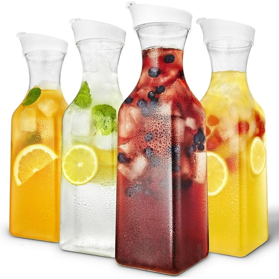 50 oz Square Carafes Plastic Juice Carafe with Lids (Set of 4) for Mimosa Bar, Drink Pitcher Lid, Water Bottle, Milk Container, Clear Bevera Containers Frid
