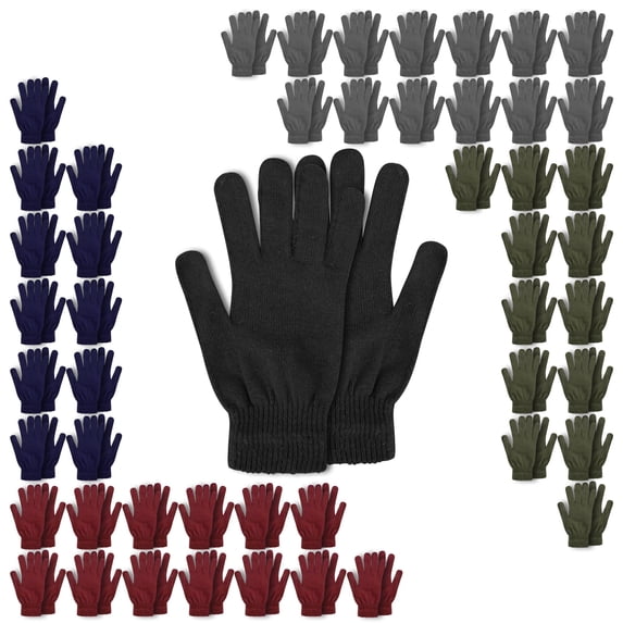 50 pack Trail maker Adult One Size Knit Stretch Cold Winter Weather Gloves in Black, Gray, Navy Blue, Red and Green