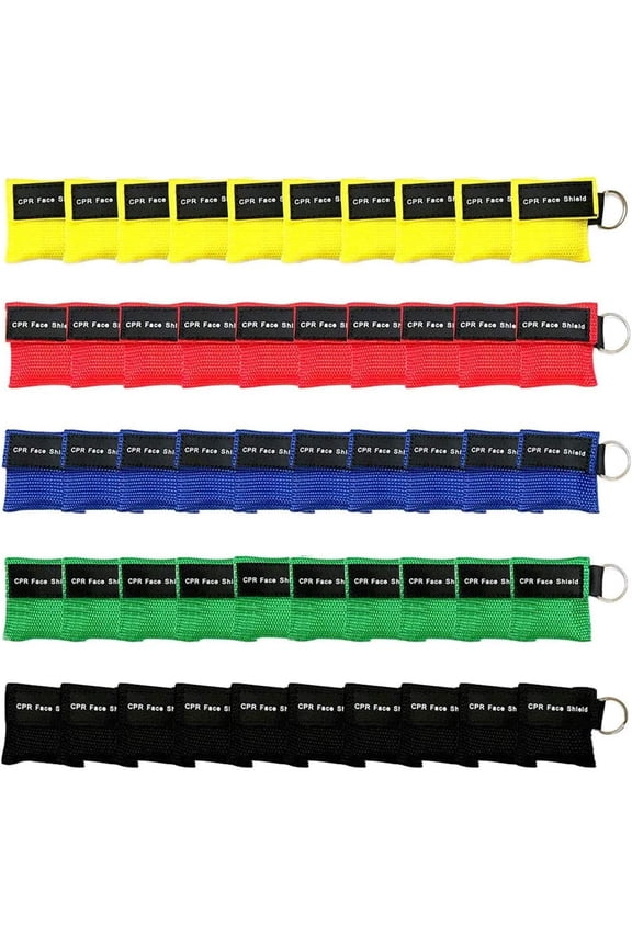50 pack mask set, disposable protective face mask first aid masks keychain ring, with one-way valve breathing barrier, for first aid or training (colorful-50 pack)