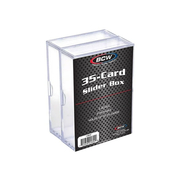 50 packs of 2 (100) BCW 2-Piece Slider Boxes. Holds 35 Standard Sized Cards.