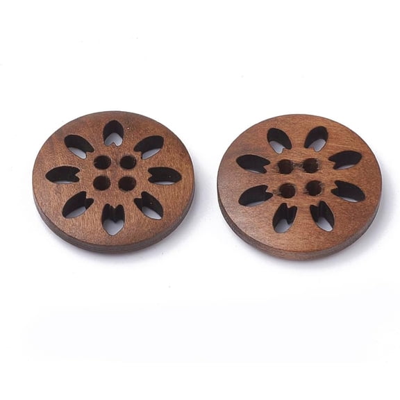 50 pc 4-Hole Wooden Buttons Flat Round Coconut Brown 24.5-25.5x4.5-5mm Hole: 1.5mm
