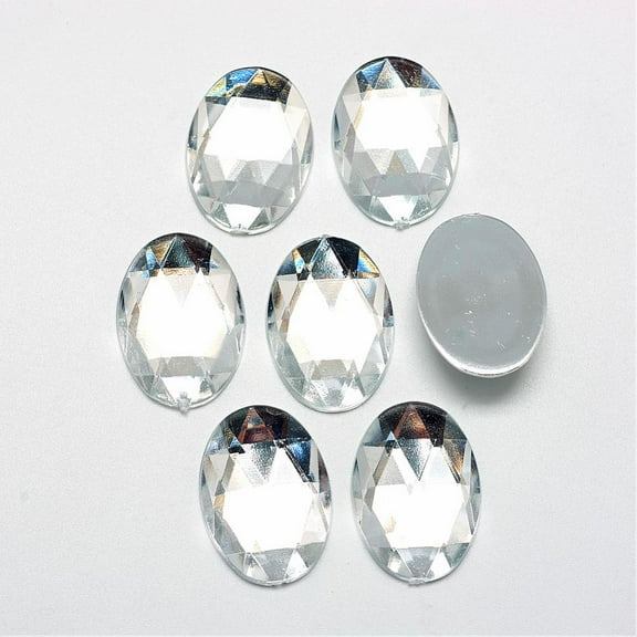 50 pc Acrylic Rhinestone Flat Back Cabochons Faceted Bottom Silver Plated Oval Clear 40x30x7~7.5mm