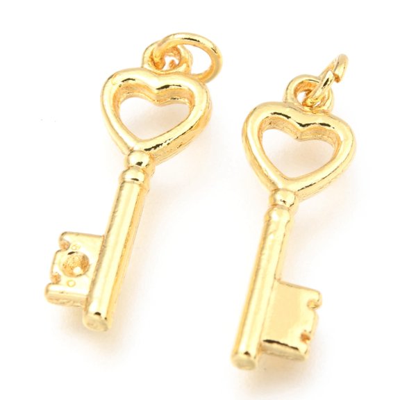 50 pc Alloy Pendants Long-Lasting Plated with Jump Ring Heart Key Real 18K golden Plated 20x7x2.3mm Hole: 2.5mm
