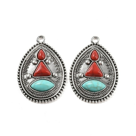 50 pc Alloy Pendants Teardrop Charms with Dyed Turquoise Antique Silver 36.5x25x5mm Hole: 2.5mm