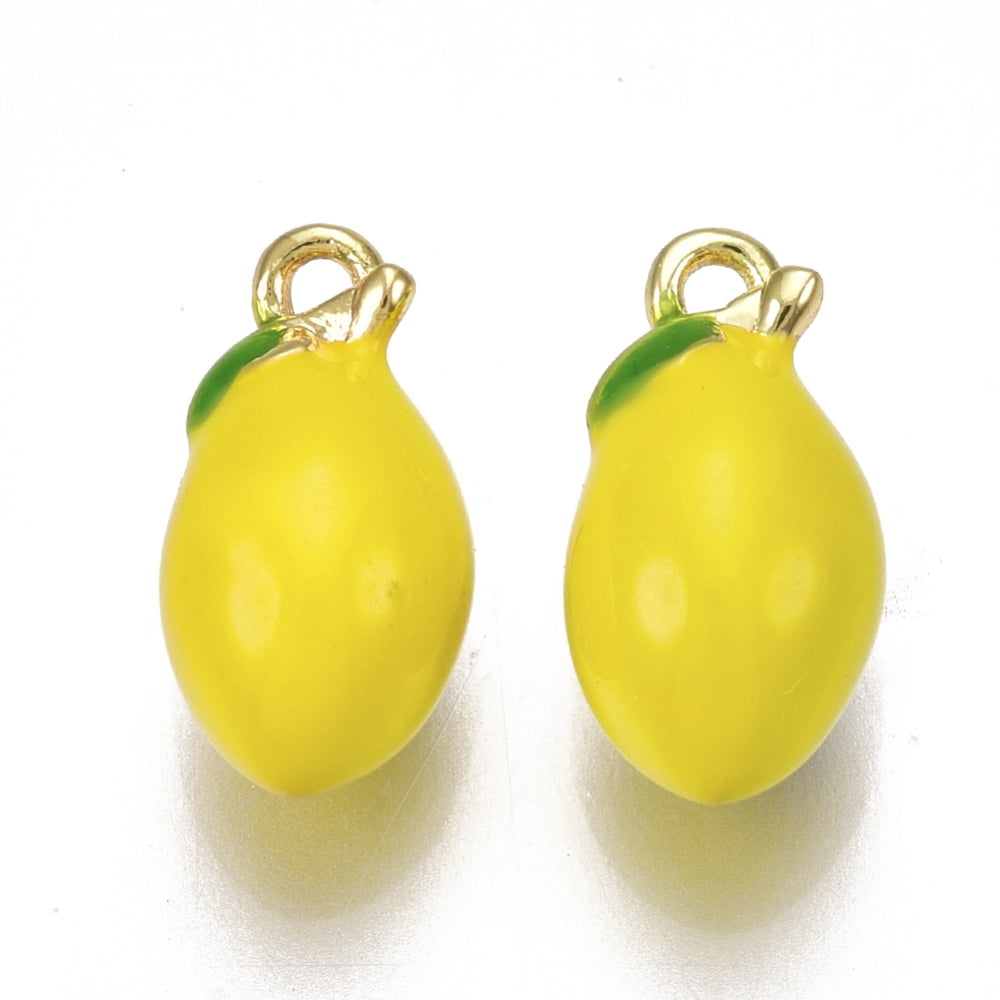 50 pc Brass Charms with Enamel Lemon Nickel Free Real 18K Gold Plated Gold 13x7mm Hole: 1.2mm