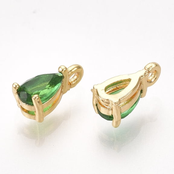 50 pc Brass Cubic Zirconia Charms Nickel Free Real 18K golden Plated teardrop Green 7x4x3mm Hole: 1mm