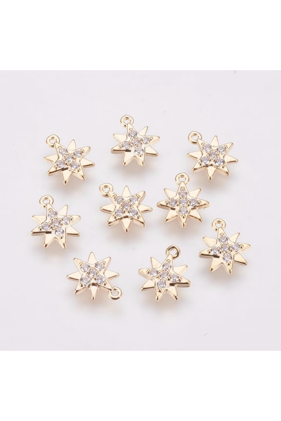 50 pc Brass Micro Pave Cubic Zirconia Charms Long-Lasting Plated Star Nickel Free Real 18K Gold Plated 8.2x7x1.2mm Hole: 0.7mm Material: Brass+Cubic Zirconia