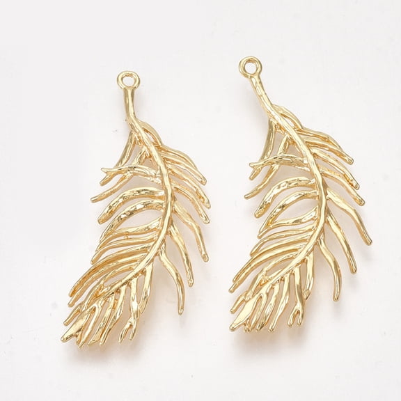 50 pc Brass Pendants Feather Nickel Free Real 18K golden Plated 36~37x15~16x1.5mm Hole: 1.2mm