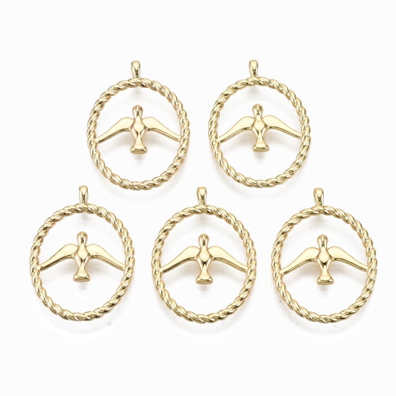 50 pc Brass Pendants Oval with Bird Nickel Free Real 18K golden Plated 26x19x3mm Hole: 1.5mm