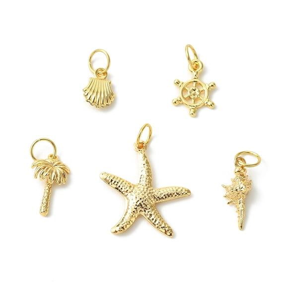 50 pc Brass Pendants with 304 Stainless Steel Jump Rings Shell Starfish Coconut Tree Helm Golden 10~18.5x6.5~15.5x1~3mm Hole: 4.6mm