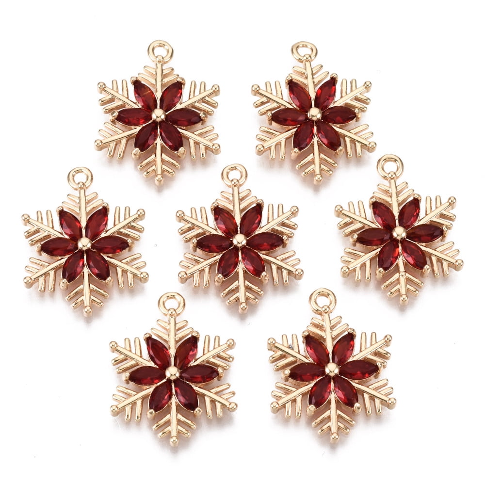 50 pc Christmas Brass Glass Pendants Long-Lasting Plated Snowflake Light Gold Red 21x16x3mm Hole: 1.6mm DIY