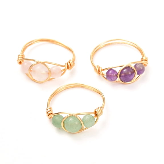 50 pc Copper Wire Wrapped Mixed Natural Gemstone Bead Rings for Women Real 18K golden Plated US Size 7 3/4 Inner Diameter: 18mm
