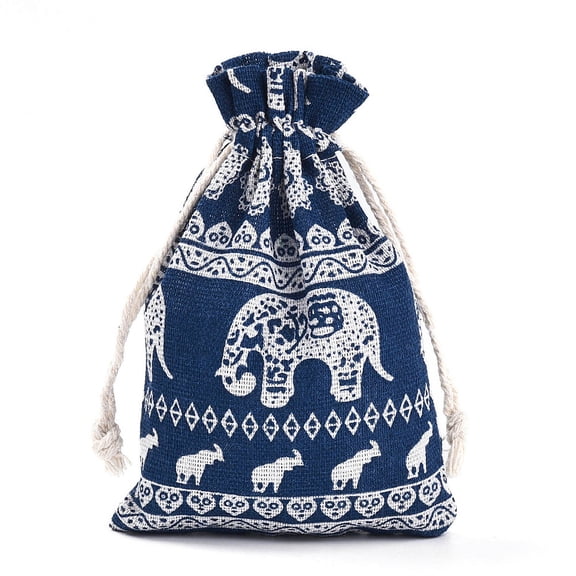 50 pc Elephant Printed Polycotton(Polyester Cotton) Packing Pouches Drawstring Bags Rectangle Marine Blue 14x10cm