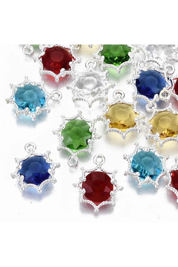 50 pc Faceted Glass Pendants with Eco-Friendly Alloy Findings Cadmium Free Nickel Free Lead Free Faceted Flower Silver Mixed color 15x13x4mm Hole: 1.6mm