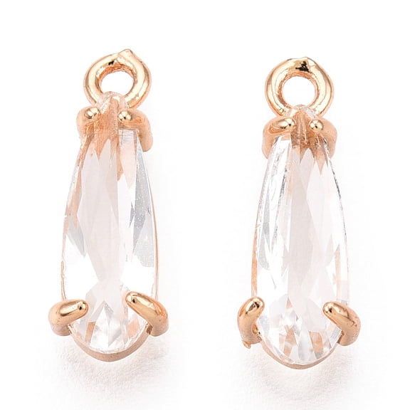 50 pc Faceted Glass Pendants with Golden Tone Brass Open Back Settings Teardrop White 14.5x4.5x4mm Hole: 1.2mm