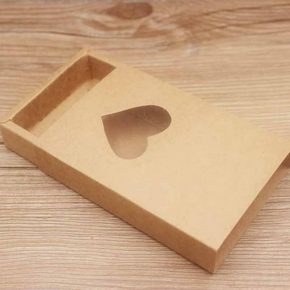 50 pc Foldable Kraft Paper Sliding boxes with Heart Clear Window Paper Drawer boxes Rectangle Camel box: 11.5x8x2cm