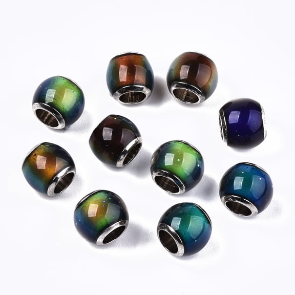 50 pc Glass European Beads Large Hole Beads with Platinum Tone Brass Double Cores Rondelle Changing Color Mood Beads Colorful 7~8x6~7mm