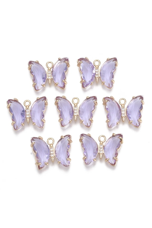 50 pc Glass Pendants with Micro Pave Cubic Zirconia and Brass Open Back Settings Faceted Butterfly Light Gold Lilac 15.5x20x4mm Hole: 1.8mm