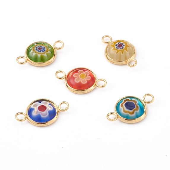 50 pc Handmade Millefiori Glass Links Connectors with 304 Stainless Steel Findings Flat Round Golden 19x12x3mm Hole: 2.5mm