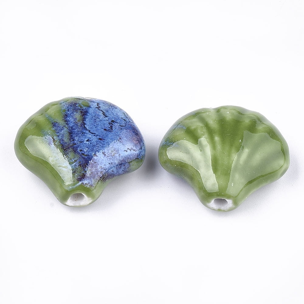 50 pc Handmade Porcelain Beads Fancy Antique Glazed Porcelain Shell Green 28~29x32~33x12.5~14mm Hole: 3~3.5mm