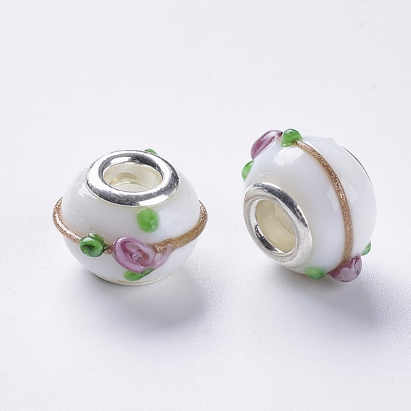 50 pc Handmade golden Sand Lampwork European Beads Large Hole Beads with Platinum color Brass Double Cores Rondelle White 14~15x14~15x11mm Hole: 5mm