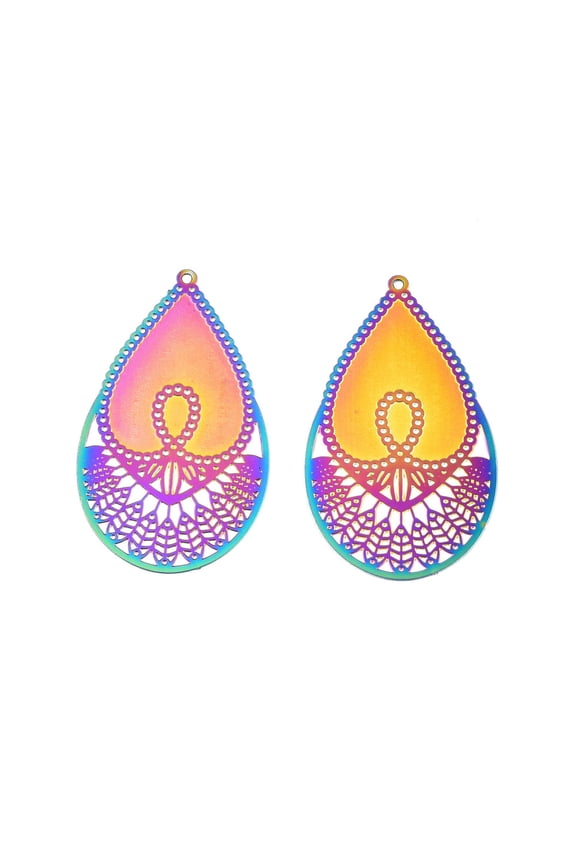 50 pc Ion Plating(IP) 304 Stainless Steel Filigree Pendants Etched Metal Embellishments Drop Rainbow color 42x25x0.2mm Hole: 1.2mm 304 Stainless Steel