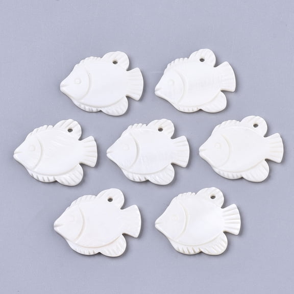50 pc Natural Freshwater Shell Pendants Carved Fish White 23x27~28x3mm Hole: 1.6mm