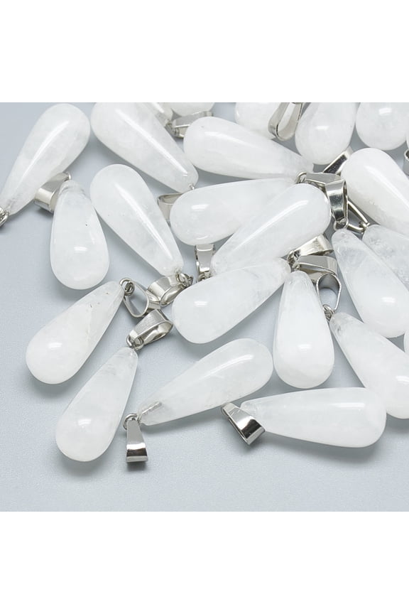 50 pc Natural Quartz Crystal Pendants with Stainless Steel Snap On Bails teardrop 28~30x10~12mm Hole: 6x4mm