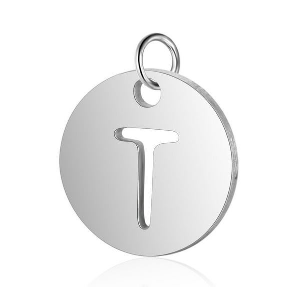 50 pc Non-Tarnish 304 Stainless Steel Charms Flat Round with Letter Stainless Steel color Letter.T 12x1mm Hole: 2.5mm