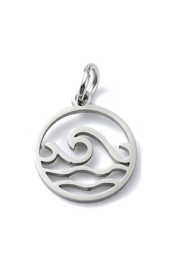 50 pc Non-Tarnish 304 Stainless Steel Charms with Jump Rings Hollow Flat Round with Wave Charm Stainless Steel Color 13.5x11.5x0.5mm Hole: 3mm