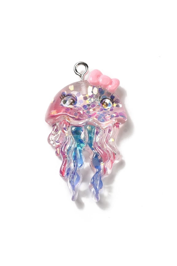50 pc Ocean Theme Transparent Resin Pendants Sea Animal Charms with Paillette and Platinum Tone Iron Loops Jellyfish 36x21x7.5mm Hole: 2mm