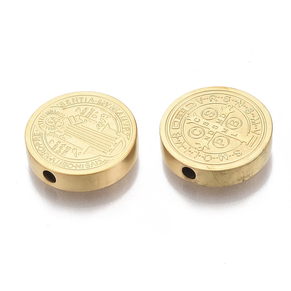 50 pc PVD Vacuum Plating 304 Stainless Steel Beads Flat Round with Saint Benedict Medal Golden 14.5x3mm Hole: 2mm