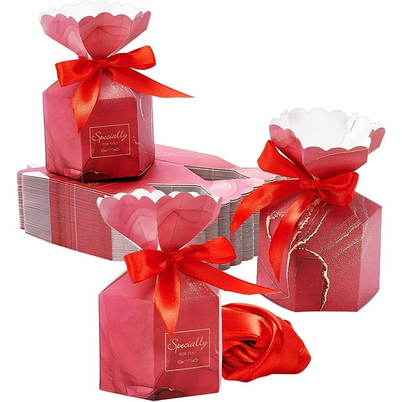 50 pc Paper Candy Boxes Jewelry Candy Wedding Party Gift Packaging with Ribbon Hexagonal Vase Marble Pattern 7.25x7.2x13.1cm