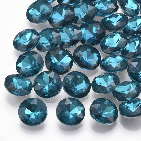 50 pc Pointed Back Glass Rhinestone Cabochons Back Plated Faceted Flat Round Teal 12x4.8mm