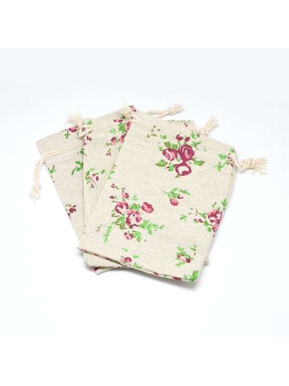 50 pc Polycotton(Polyester Cotton) Packing Pouches Drawstring Bags with Printed Flower Wheat 14x10cm Polycotton