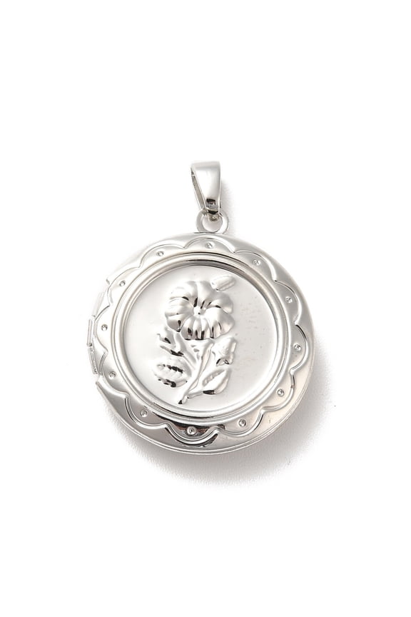 50 pc Rack Plating Brass Locket Pendants Flat Round with Flower Platinum 23x20x5mm Hole: 5x3mm Inner Diameter: 14mm