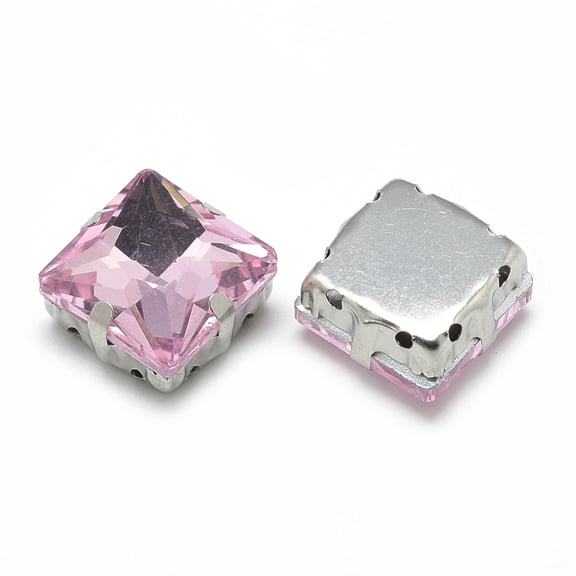 50 pc Sew on Rhinestone Multi-strand Links Glass Rhinestone with Brass Prong Settings Garments Accessories Faceted Square Platinum Pearl Pink 8x8x5.5mm Hole: 0.8~1mm