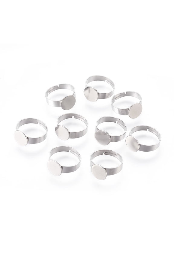 50 pc Tarnish Resistant Adjustable 304 Stainless Steel Finger Rings Components Pad Ring Base Findings Flat Round Stainless Steel color Tray: 10mm 17mm
