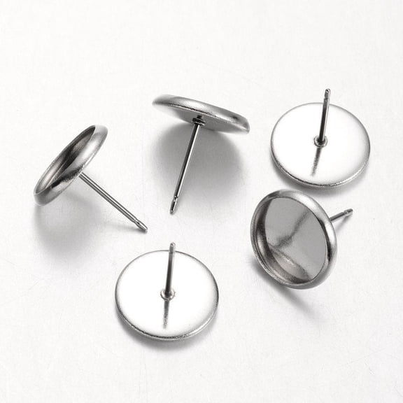 50 pc Tarnish Resistant Flat Round Stainless Steel Stud Earring Settings Stainless Steel Color Tray: 10mm 12mm Pin: 0.7mm