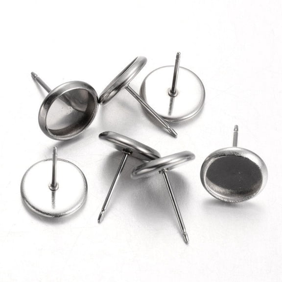 50 pc Tarnish Resistant Flat Round Stainless Steel Stud Earring Settings Stainless Steel Color Tray: 8mm 10mm Pin: 0.7mm