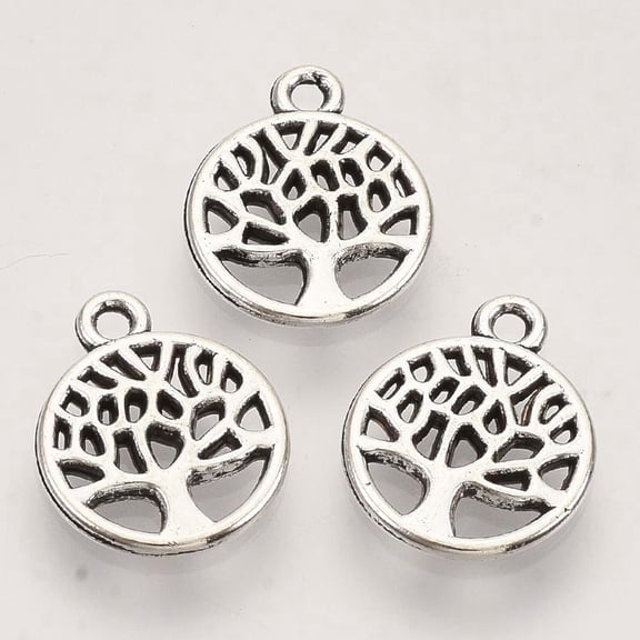 50 pc Tibetan Style Alloy Pendants Cadmium Free & Lead Free Flat Round with Tree of Life Antique Silver 13.5x10x1.5mm Hole: 1.2mm