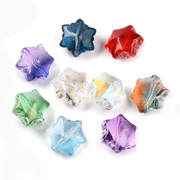 50 pc Transparent Glass Beads Snowflake with Giltter Power Gradient color Mixed color 11.5x10.5x7.5mm Hole: 1mm Glass