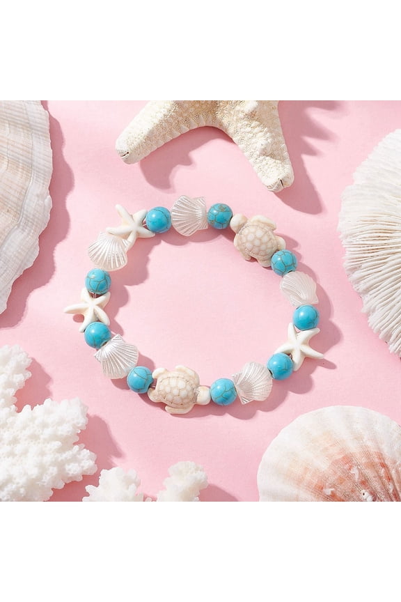 50 pc Turquoise Beaded Stretch Bracelets Turtle & Starfish & Shell Shape Turquoise 5/8 inch(1.45cm) Inner Diameter: 2-1/8 inch(5.3cm)