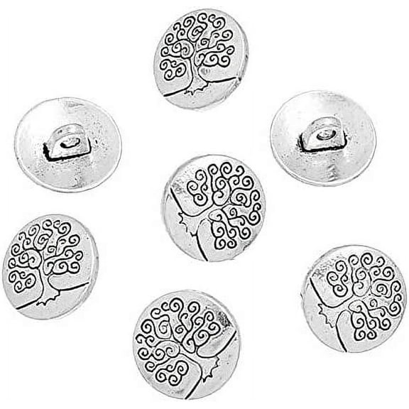 50 pc Zinc Metal Alloy Shank Buttons Flat Round with Tree of Life Antique Silver 14.5x7mm Hole: 2.5mm